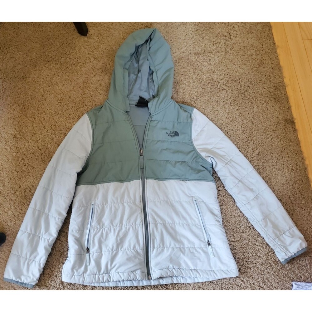 The North Face Womens Large Hooded Quilted Puffer Jacket Colorblock Blue Slate